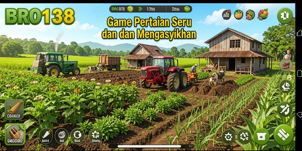 Tangkapan layar dari gameplay BRO138 yang menggambarkan aktivitas bertani.