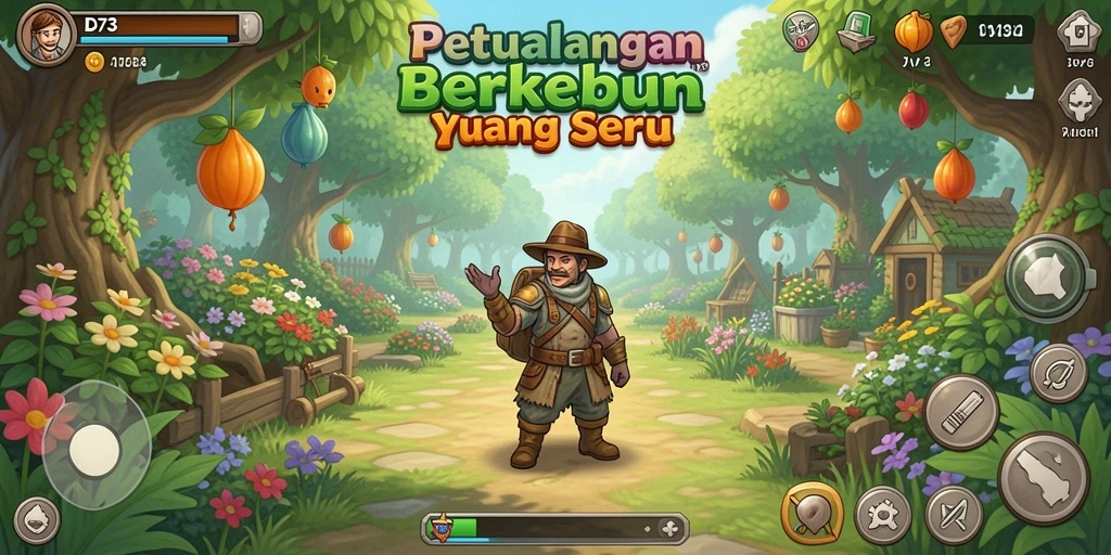 Screenshot gameplay D73 menunjukkan kebun yang indah dan penuh warna.