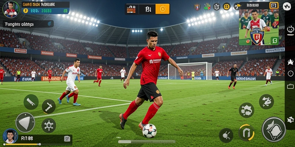 Tangkapan layar dari gameplay RI188 menunjukkan aksi seru di lapangan sepak bola.