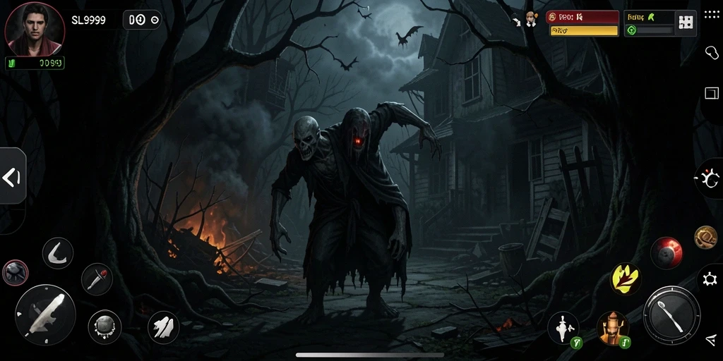 Screenshot gameplay SL999 menampilkan suasana horor yang mencekam.